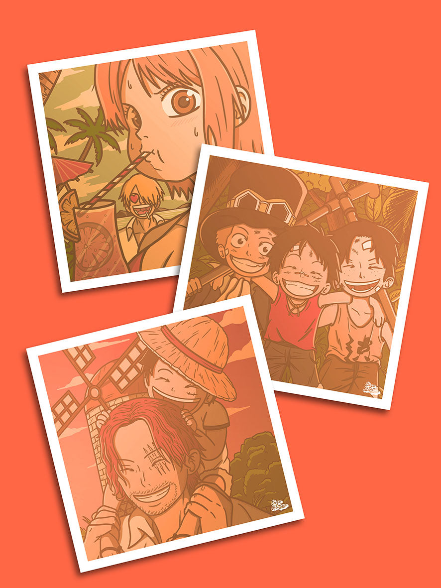 Lots de 3 affiches du manga One Piece. Création d'Enzo Beltoise