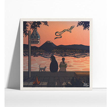 Mock up de l'affiche rétro vintage japonaise représentant le Voyage de Chihiro des films Ghibli dans un style Polaroid, création d'Enzo Beltoise.