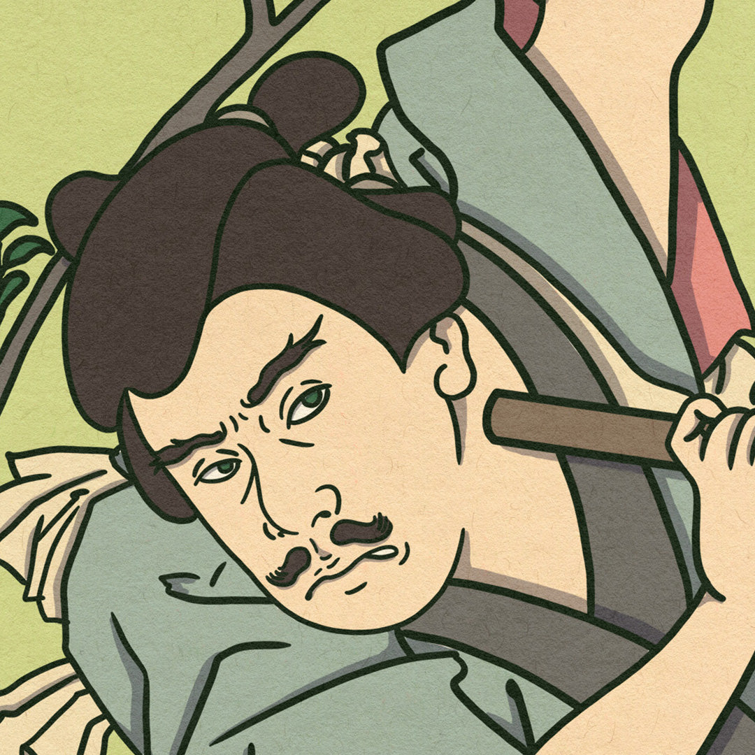 Gros plan d'affiche japonaise rétro vintage à la manière d'une estampe traditionnelle japonaise d'un samouraï. Création d'Enzo Beltoise