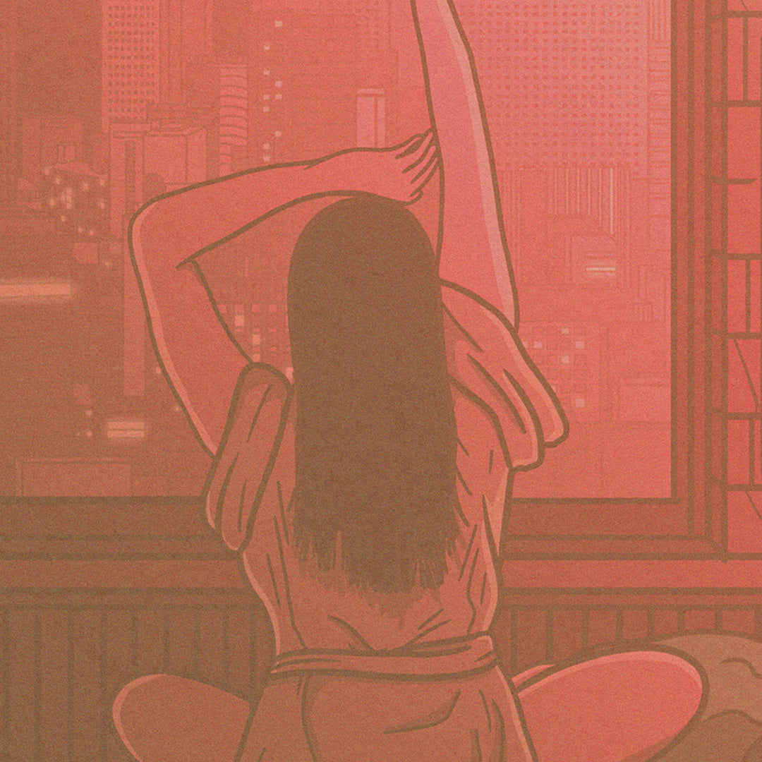 Gros plan de l'affiche japonaise rétro vintage représentant une jeune fille à Tokyo dans des tons roses, style Polaroid. Création d'Enzo Beltoise