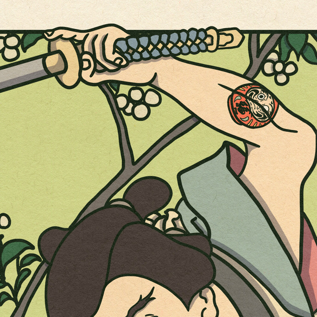 Gros plan d'affiche japonaise rétro vintage à la manière d'une estampe traditionnelle japonaise d'un samouraï. Création d'Enzo Beltoise