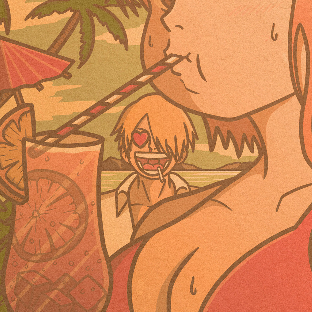 Gros plan sur Sanji de l'affiche japonaise rétro vintage représentant Nami et Sanji du manga One Piece dans un style Polaroid. Création d'Enzo Beltoise