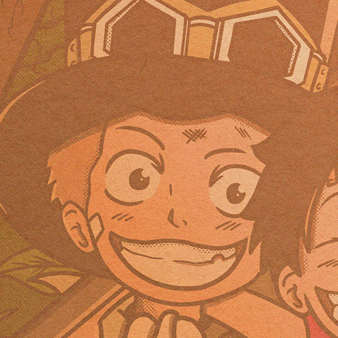Gros plan sur Sabo de l'affiche japonaise rétro vintage représentant Luffy, Ace et Sabo du manga One Piece dans un style Polaroid. Idéale pour une déco murale vintage. Création d'Enzo Beltoise