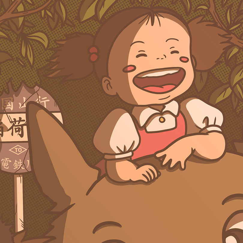 Gros plan affiche rétro vintage japonaise représentant Totoro des films Ghibli dans un style Polaroid, création d'Enzo Beltoise.