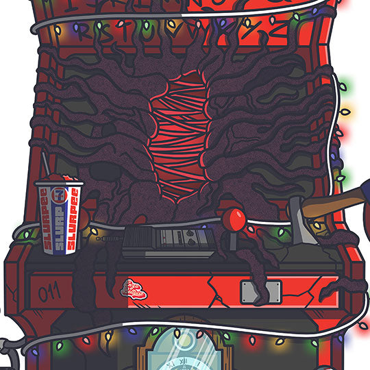 Gros plan de l'affiche rétro vintage des années 80 représentant une borne d'arcade à l'image de la série Netflix "Stranger Things" avec pleins d'objets cultes. Création d'Enzo Beltoise.