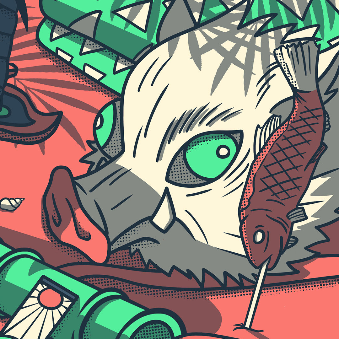 Gros plan sur la tĂȘte d'Inosuke de l'affiche japonaise rĂ©tro vintage avec les objets cultes du manga Demon Slayer. CrĂ©ation d'Enzo Beltoise