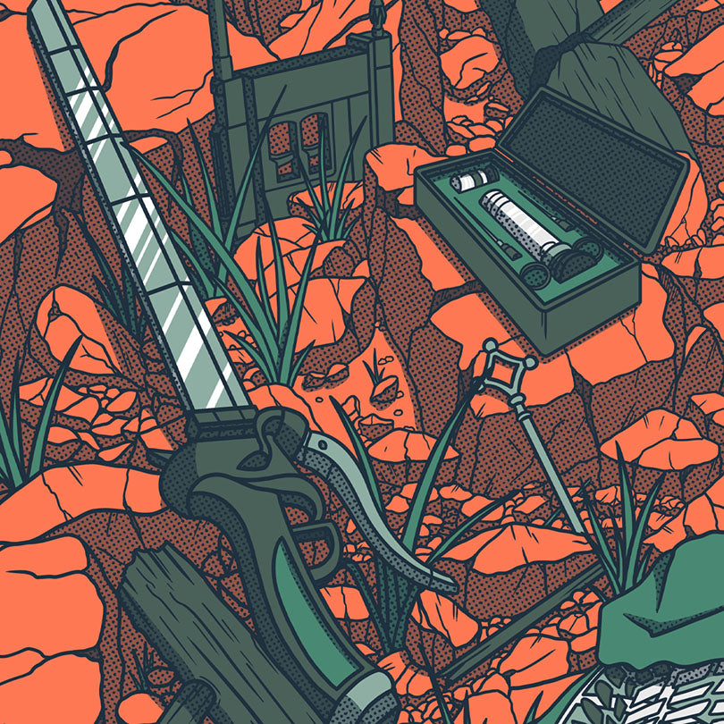 Gros plan de l'affiche japonaise vintage inspirée de l'univers d'Attack on Titan (Shingeki no Kyojin). Création d'Enzo Beltoise.