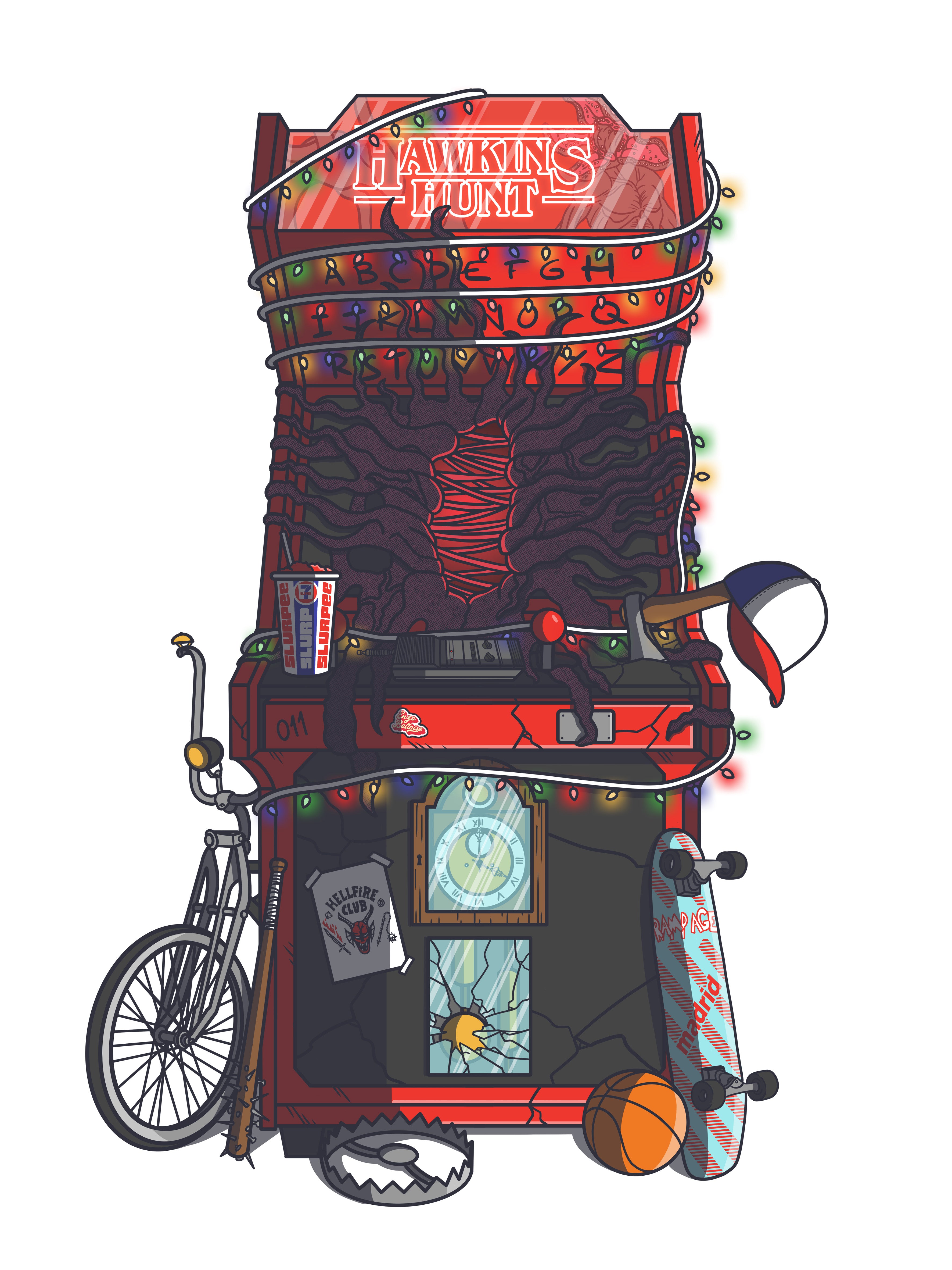 Affiche rétro vintage des années 80 représentant une borne d'arcade à l'image de la série Netflix "Stranger Things" avec pleins d'objets cultes. Création d'Enzo Beltoise.