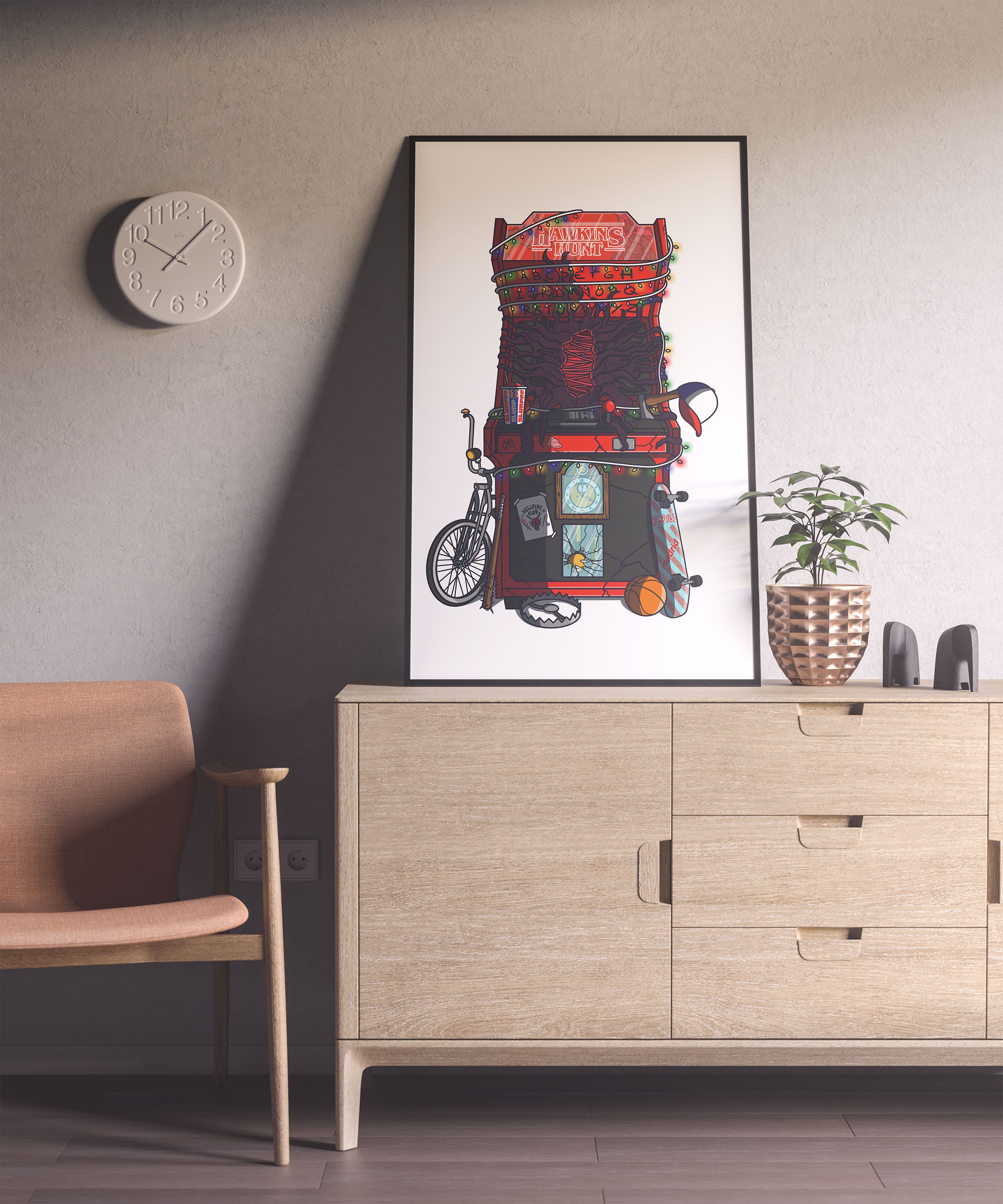 Mock up de l'affiche rétro vintage des années 80 représentant une borne d'arcade à l'image de la série Netflix "Stranger Things" avec pleins d'objets cultes. Création d'Enzo Beltoise.