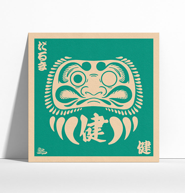 Mock up d'affiche japonaise rétro vintage représentant un Daruma bleu, symbole de santé, création d'Enzo Beltoise.