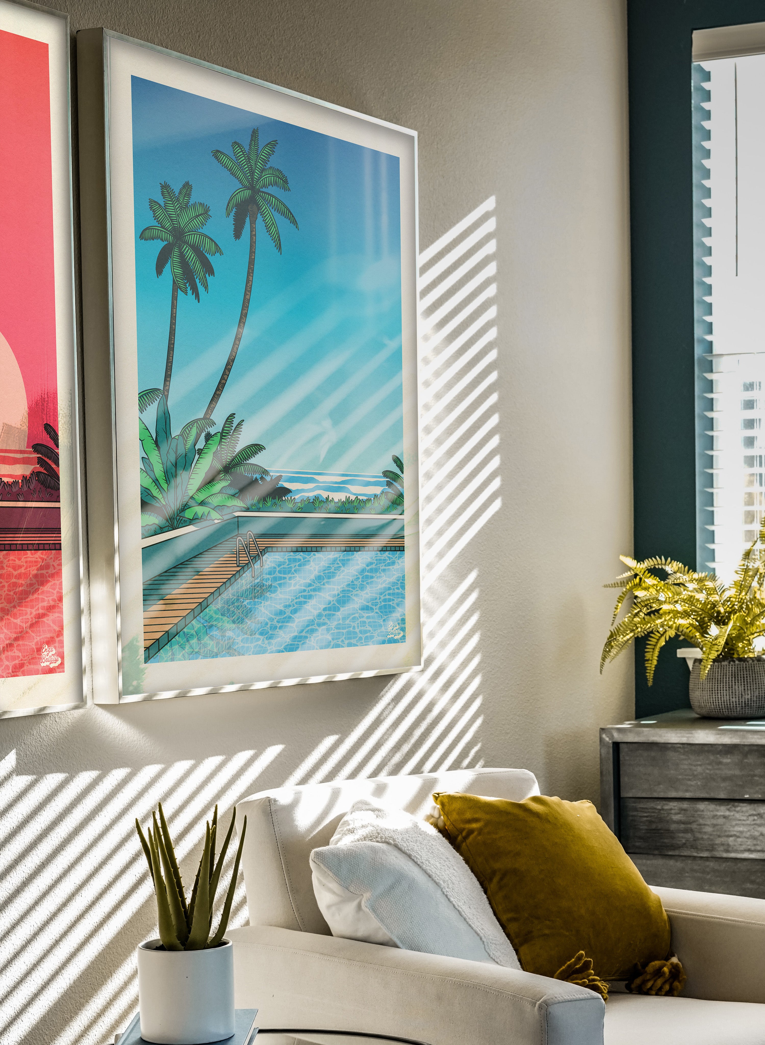 Poster japonais rétro piscine moderne dans une décoration minimaliste et lumineuse