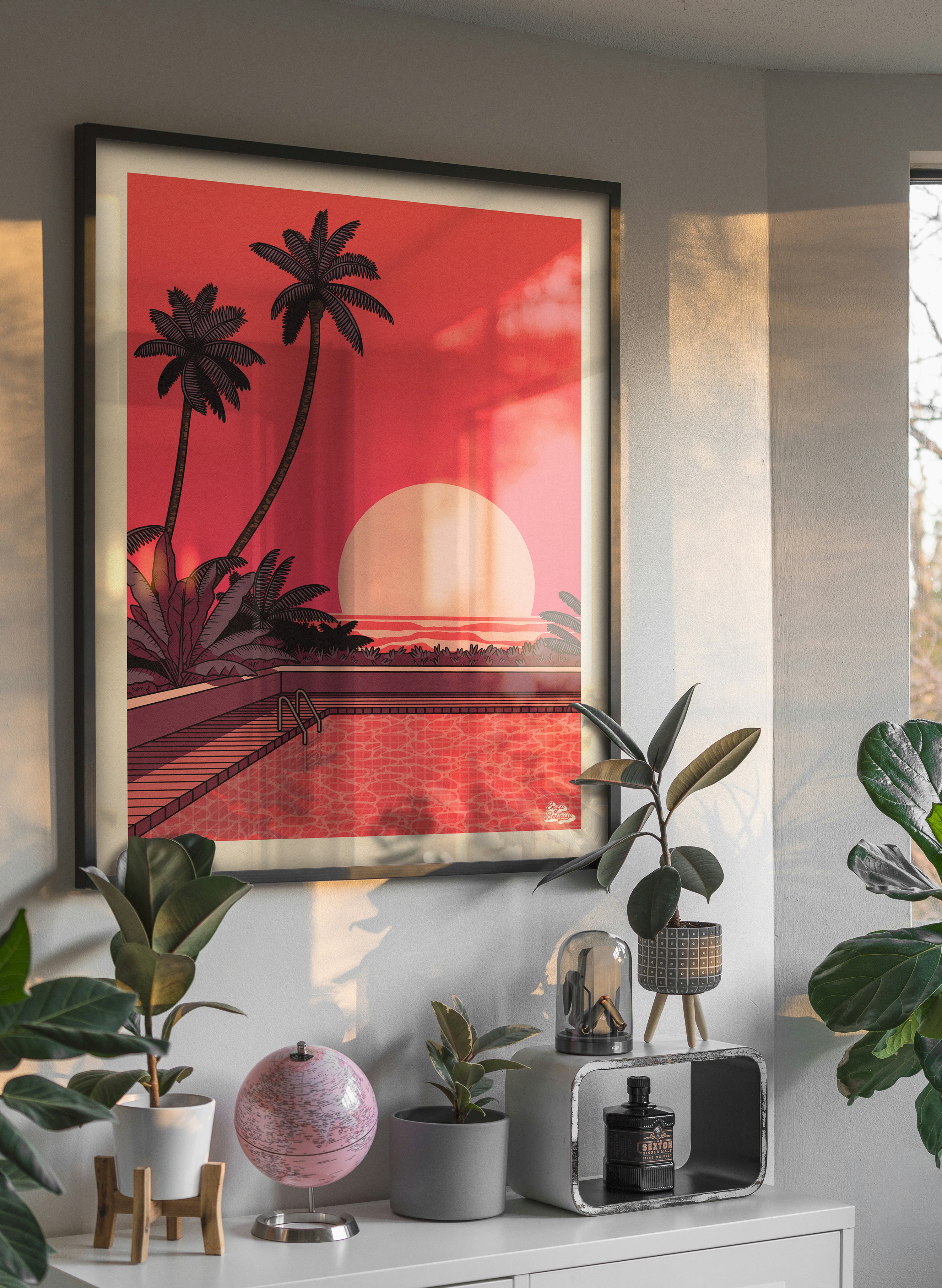 Poster japonais rétro coucher de soleil dans une décoration moderne