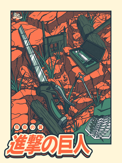 Affiche japonaise vintage inspirée de l'univers d'Attack on Titan (Shingeki no Kyojin). Création d'Enzo Beltoise.