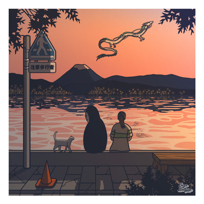 Affiche rétro vintage japonaise représentant le Voyage de Chihiro des films Ghibli dans un style Polaroid, création d'Enzo Beltoise.