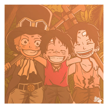 Affiche japonaise rétro vintage représentant Luffy, Ace et Sabo du manga One Piece dans un style Polaroid. Idéale pour une déco murale vintage. Création d'Enzo Beltoise