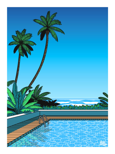 Affiche rétro vintage japonaise piscine coucher de soleil et palmiers années 80, inspiré par Hiroshi Nagai. Création d'Enzo Beltoise.