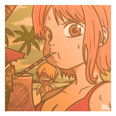 Affiche japonaise rétro vintage représentant Nami et Sanji du manga One Piece dans un style Polaroid. Création d'Enzo Beltoise