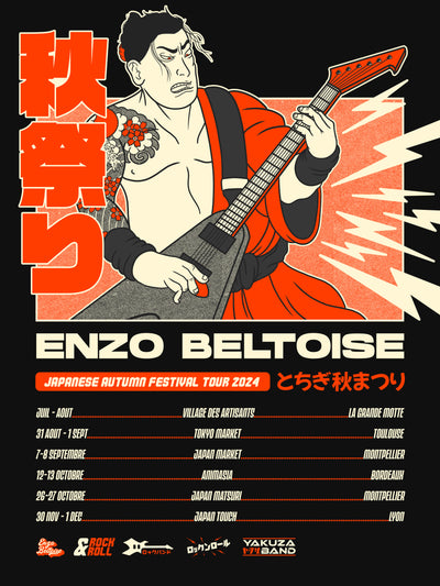 Affiche rétro vintage japonaise d'un samouraï guitariste fan de rock qui liste les salons geek et japonais de France réalisé par Enzo Beltoise.