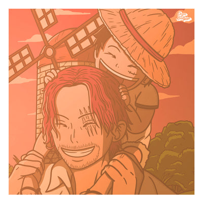 Affiche japonaise rétro vintage représentant Shanks et Luffy du manga One Piece dans un style Polaroid. Idéale pour une déco murale vintage et une décoration d'intérieure. Création d'Enzo Beltoise