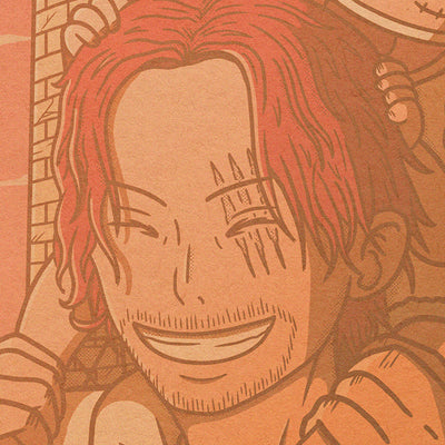Gros plan sur Shanks de l'affiche japonaise rétro vintage représentant Shanks et Luffy du manga One Piece dans un style Polaroid. Idéale pour une déco murale vintage et une décoration d'intérieure. Création d'Enzo Beltoise