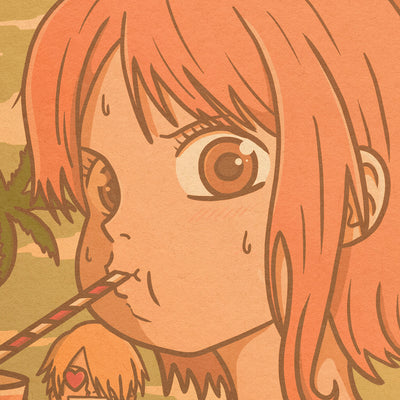 Gros plan sur Nami de l'affiche japonaise rétro vintage représentant Nami et Sanji du manga One Piece dans un style Polaroid. Création d'Enzo Beltoise