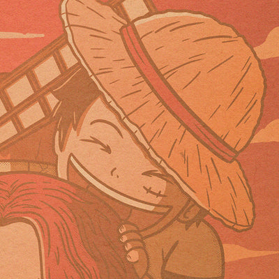 Gros plan sur Monkey.D.Luffy de l'affiche japonaise rétro vintage représentant Shanks et Luffy du manga One Piece dans un style Polaroid. Idéale pour une déco murale vintage et une décoration d'intérieure. Création d'Enzo Beltoise