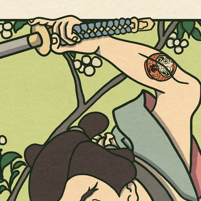 Gros plan d'affiche japonaise rétro vintage à la manière d'une estampe traditionnelle japonaise d'un samouraï. Création d'Enzo Beltoise