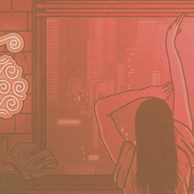 Gros plan de l'affiche japonaise rétro vintage représentant une jeune fille à Tokyo dans des tons roses, style Polaroid. Création d'Enzo Beltoise