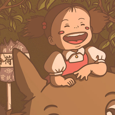 Gros plan affiche rétro vintage japonaise représentant Totoro des films Ghibli dans un style Polaroid, création d'Enzo Beltoise.