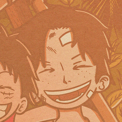 Gros plan sur Portgas.D.Ace de l'affiche japonaise rétro vintage représentant Luffy, Ace et Sabo du manga One Piece dans un style Polaroid. Idéale pour une déco murale vintage. Création d'Enzo Beltoise