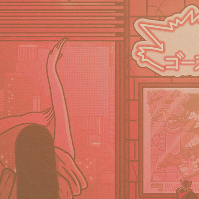 Gros plan de l'affiche japonaise rétro vintage représentant une jeune fille à Tokyo dans des tons roses, style Polaroid. Création d'Enzo Beltoise