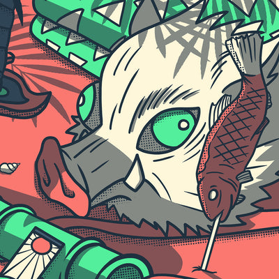 Gros plan sur la tête d'Inosuke de l'affiche japonaise rétro vintage avec les objets cultes du manga Demon Slayer. Création d'Enzo Beltoise