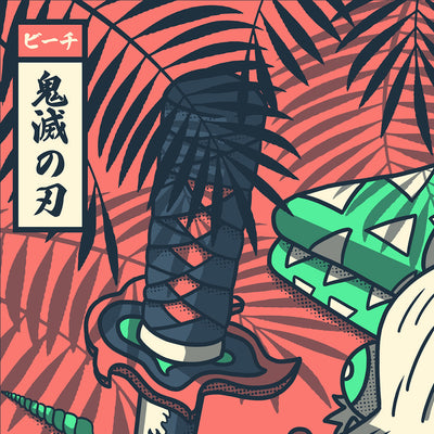 Gros plan sur la katana de Tanjiro de l'affiche japonaise rétro vintage avec les objets cultes du manga Demon Slayer. Création d'Enzo Beltoise