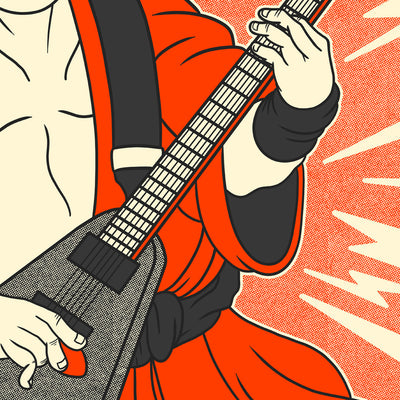 Gros plan de l'affiche rétro vintage japonaise d'un samouraï guitariste fan de rock qui liste les salons geek et japonais de France réalisé par Enzo Beltoise.