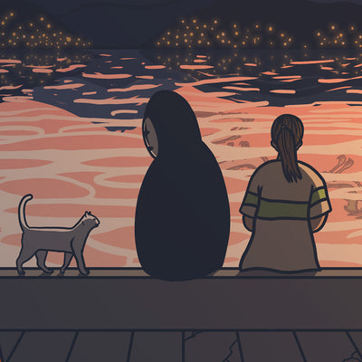 Gros plan sur le Sans Visage et Chihiro de l'affiche rétro vintage japonaise représentant le Voyage de Chihiro des films Ghibli dans un style Polaroid, création d'Enzo Beltoise.