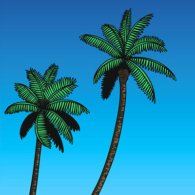 Gros plan affiche rétro vintage japonaise piscine coucher de soleil et palmiers années 80, inspiré par Hiroshi Nagai. Création d'Enzo Beltoise.