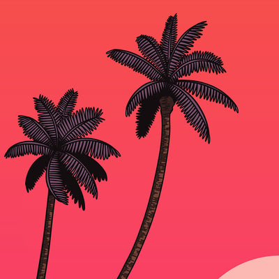 Gros plan affiche rétro vintage japonaise piscine coucher de soleil et palmiers années 80, inspiré par Hiroshi Nagai; Création d'Enzo Beltoise.