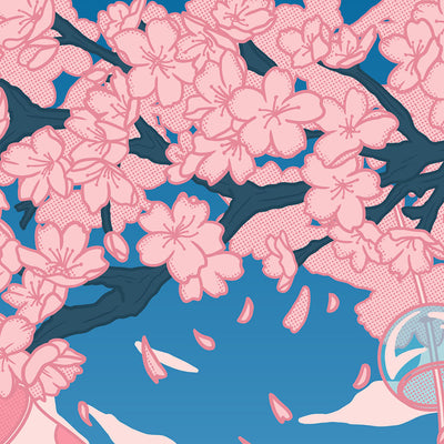 Gros plan affiche vintage japonaise rétro représentant un koinobori et un fūrin sous des cerisiers en fleurs du Japon (Sakura). Création d'Enzo Beltoise.
