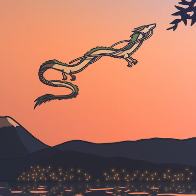 Gros plan sur le personnage Haku (dragon) de l'affiche rétro vintage japonaise représentant le Voyage de Chihiro des films Ghibli dans un style Polaroid, création d'Enzo Beltoise.