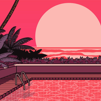 Gros plan affiche rétro vintage japonaise piscine coucher de soleil et palmiers années 80, inspiré par Hiroshi Nagai; Création d'Enzo Beltoise.