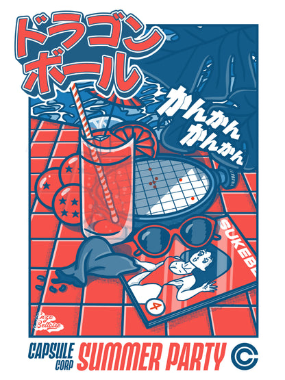Affiche japonaise rétro vintage avec les objets cultes du manga Dragon Ball Z dans le style des années 80. Idéale pour une déco murale vintage. Création d'Enzo Beltoise