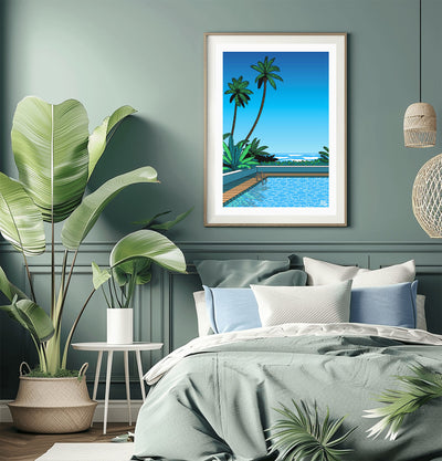Mock up affiche rétro vintage japonaise piscine coucher de soleil et palmiers années 80, inspiré par Hiroshi Nagai. Création d'Enzo Beltoise.