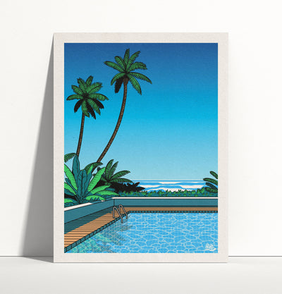 Mock up affiche rétro vintage japonaise piscine coucher de soleil et palmiers années 80, inspiré par Hiroshi Nagai. Création d'Enzo Beltoise.