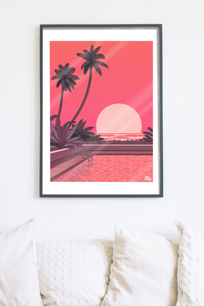 Mock up affiche rétro vintage japonaise piscine coucher de soleil et palmiers années 80, inspiré par Hiroshi Nagai; Création d'Enzo Beltoise.