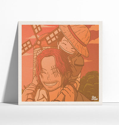 Mock up de l'affiche japonaise rétro vintage représentant Shanks et Luffy du manga One Piece dans un style Polaroid. Idéale pour une déco murale vintage et une décoration d'intérieure. Création d'Enzo Beltoise