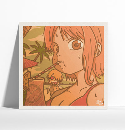 Mock up de l'affiche japonaise rétro vintage représentant Nami et Sanji du manga One Piece dans un style Polaroid. Création d'Enzo Beltoise