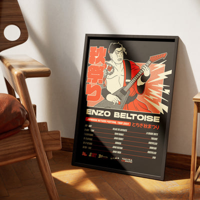 Mock up de l'affiche rétro vintage japonaise d'un samouraï guitariste fan de rock qui liste les salons geek et japonais de France réalisé par Enzo Beltoise.