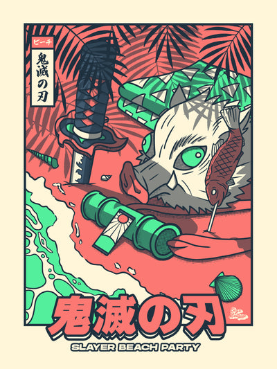 Affiche japonaise rétro vintage avec les objets cultes du manga Demon Slayer. Création d'Enzo Beltoise