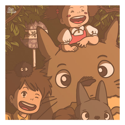 Affiche rétro vintage japonaise représentant Totoro des films Ghibli dans un style Polaroid, création d'Enzo Beltoise.