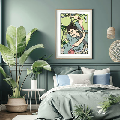 Mock up d'affiche japonaise rétro vintage à la manière d'une estampe traditionnelle japonaise d'un samouraï. Création d'Enzo Beltoise